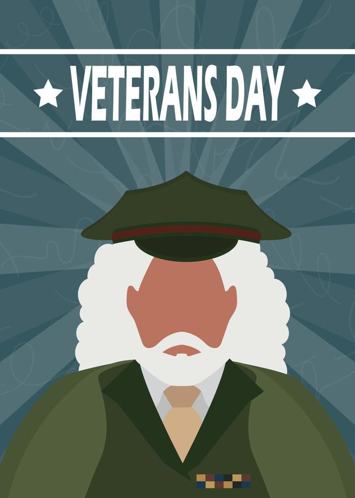 veteranen dag ansichtkaart. veteraan in leger uniform. vector illustratie.