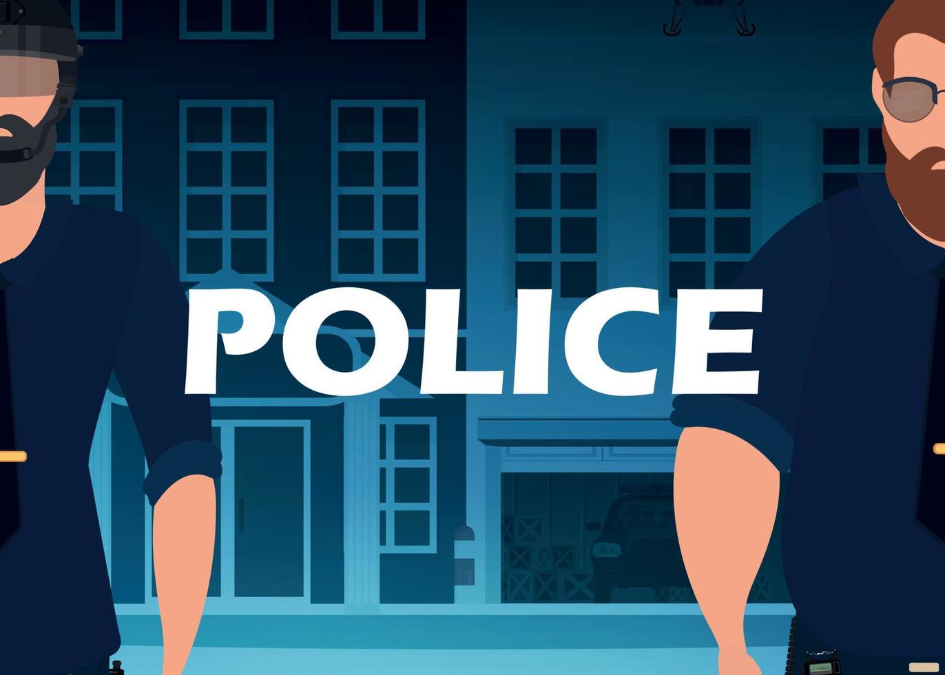 een Politie officier in een kogelvrij hesje in voorkant van een Politie station. plein spandoek. tekenfilm stijl. vector