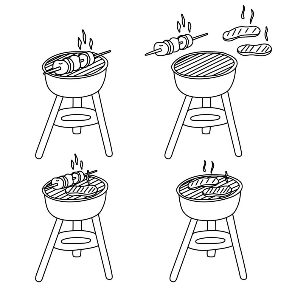 gegrild vlees en groenten. hand- getrokken vector illustratie van barbecue reeks in tekening stijl Aan wit achtergrond. geïsoleerd zwart schets. camping en bbq apparatuur.