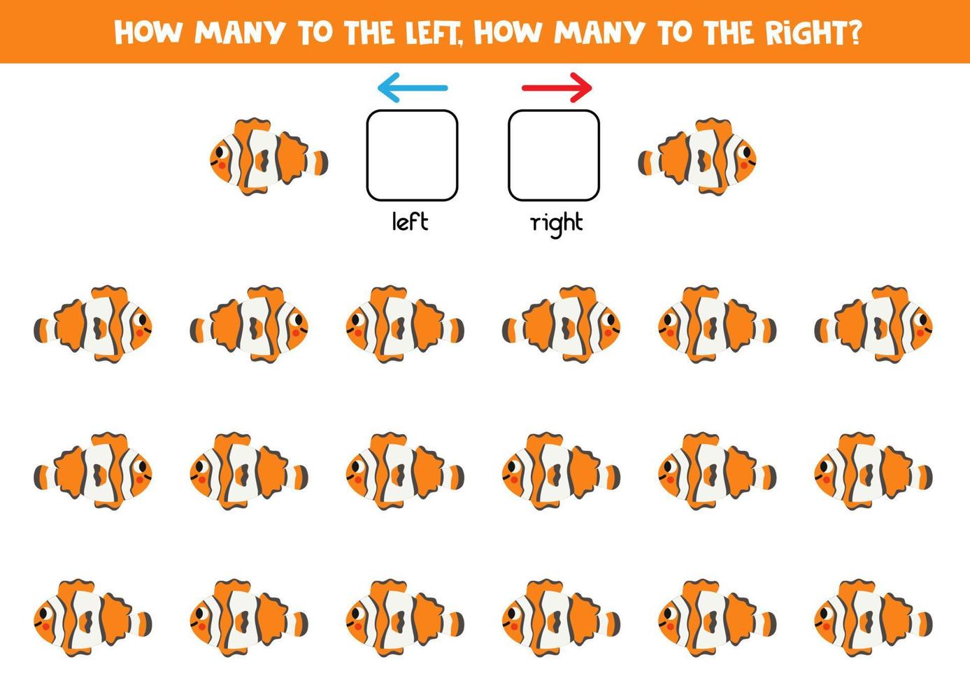 links of Rechtsaf met schattig clown vis. logisch werkblad voor kleuters. vector