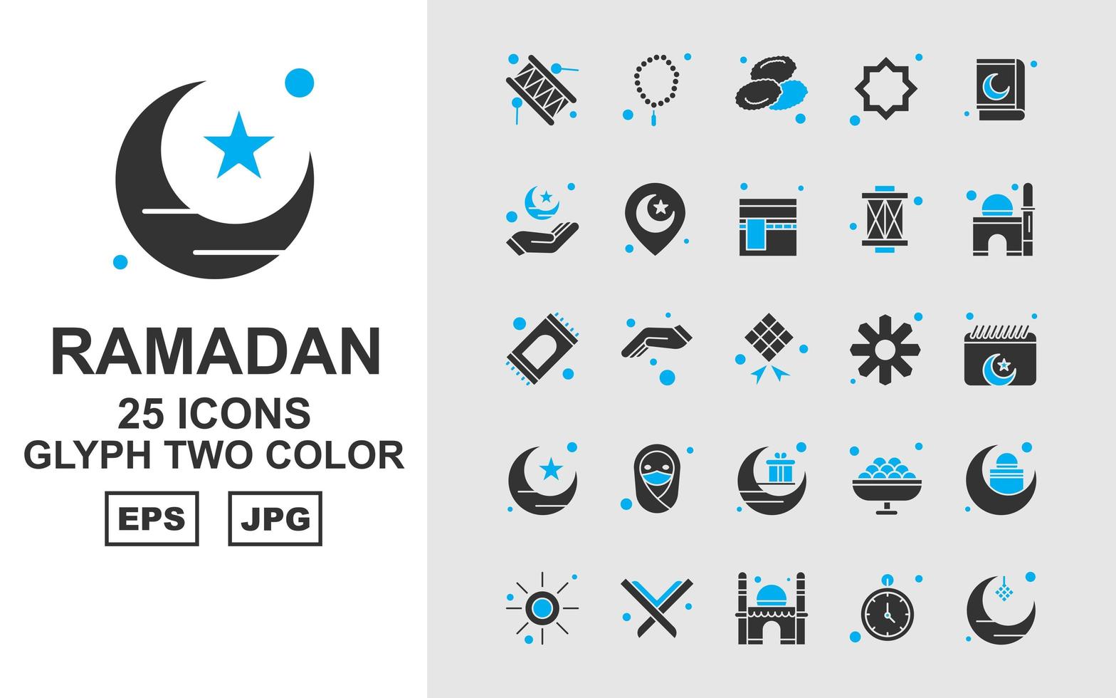 25 premium ramadan glyph twee kleuren icon pack vector