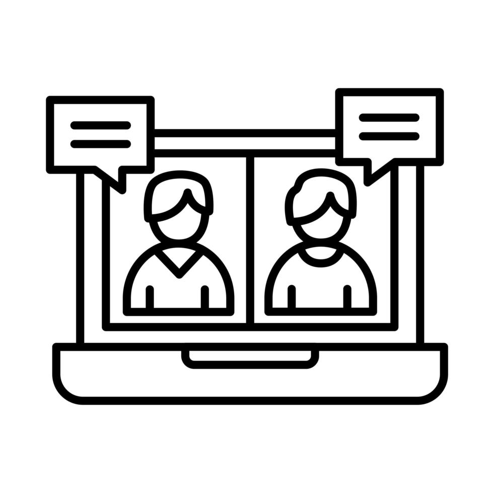 collega's mannen in laptop met bubbels lijn stijl pictogram vector design