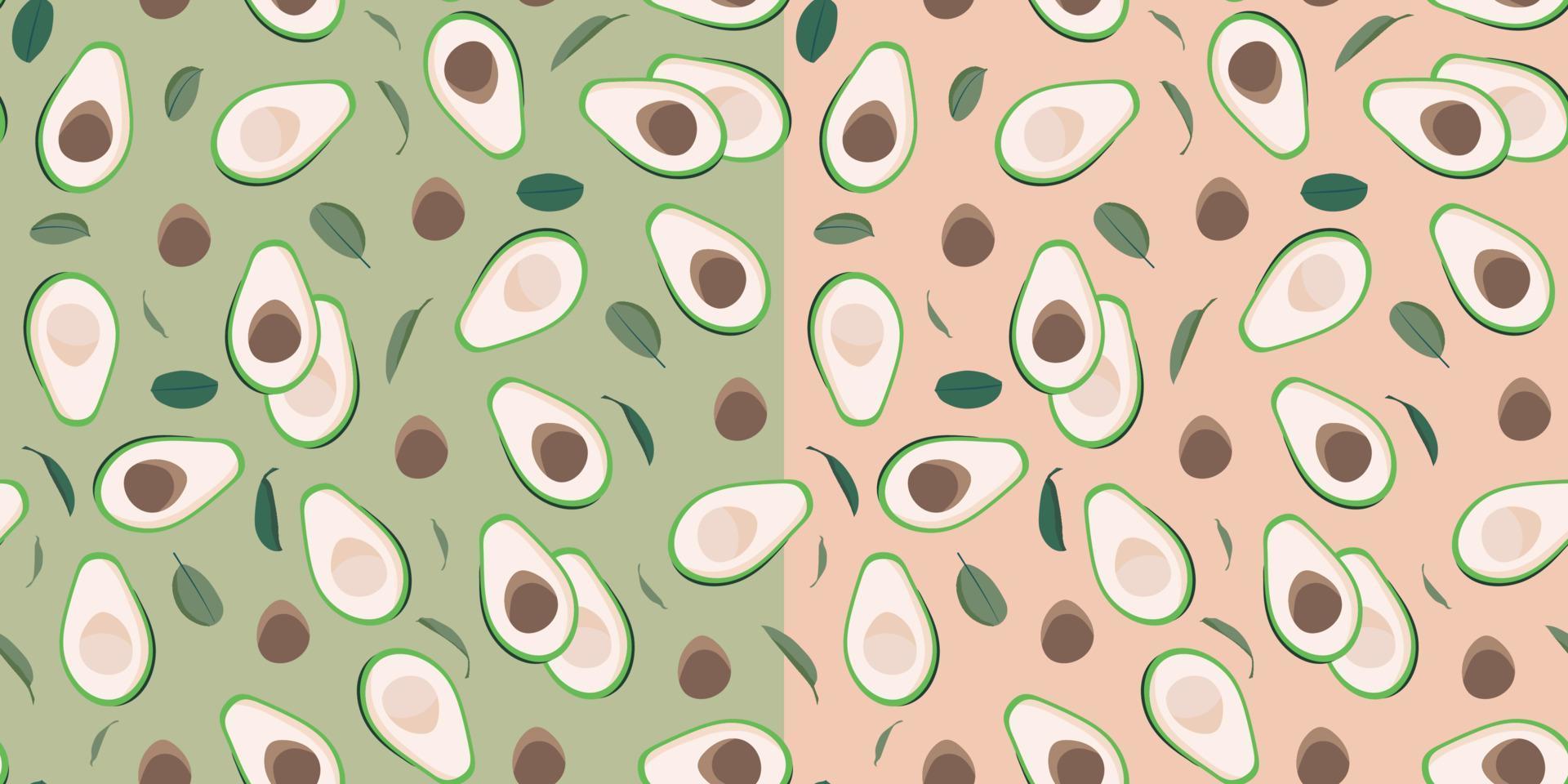 naadloos patroon gesneden avocado, bladeren en zaden Aan khaki en koraal achtergrond. vector illustratie voor omhulsel papier, groet kaarten, behang, kleding stof