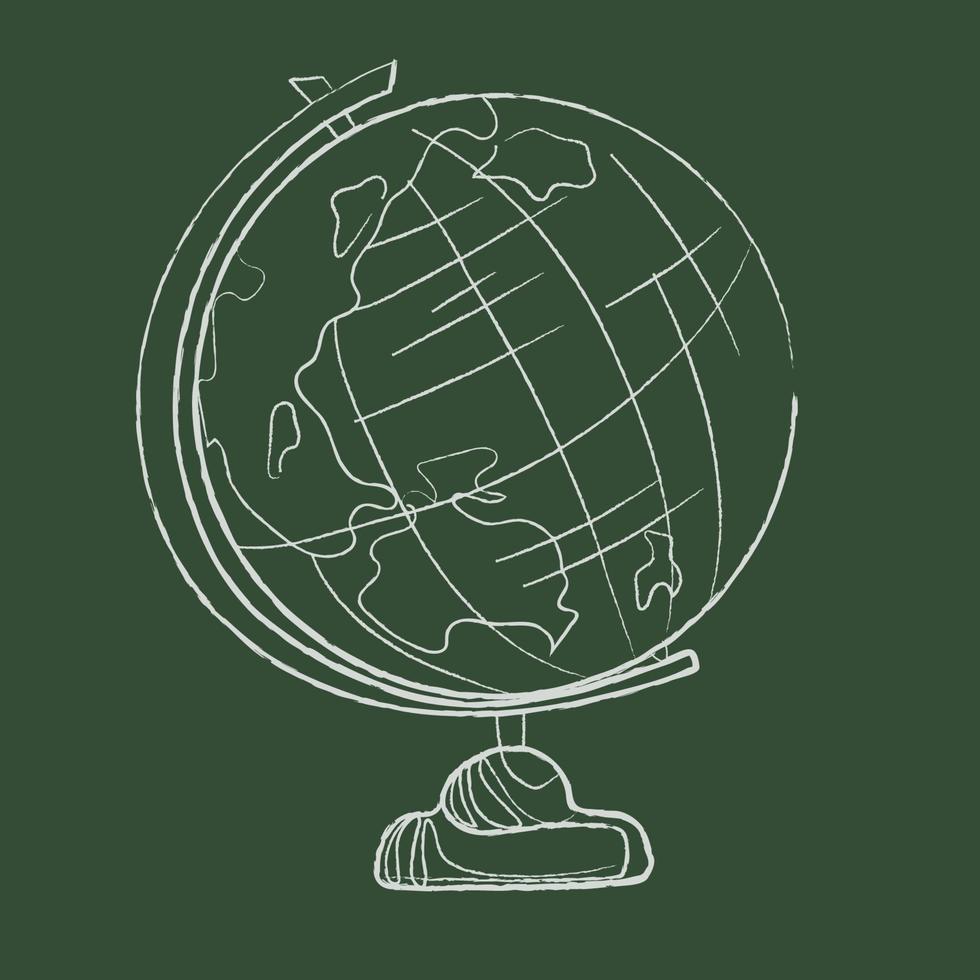 aarde wereldbol model- imitatie getrokken Aan groen krijt bord, overzicht vector illustratie.pictogram,afdruk,etiket,logo depen sjabloon.onderwijs uitrusting concept.school wereldbol tekening schetsen