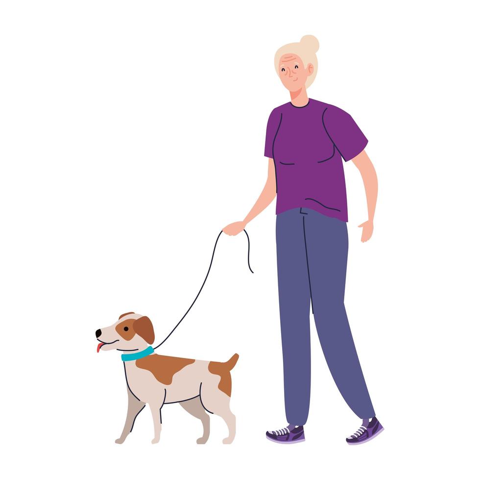 senior vrouw cartoon met hond vector ontwerp