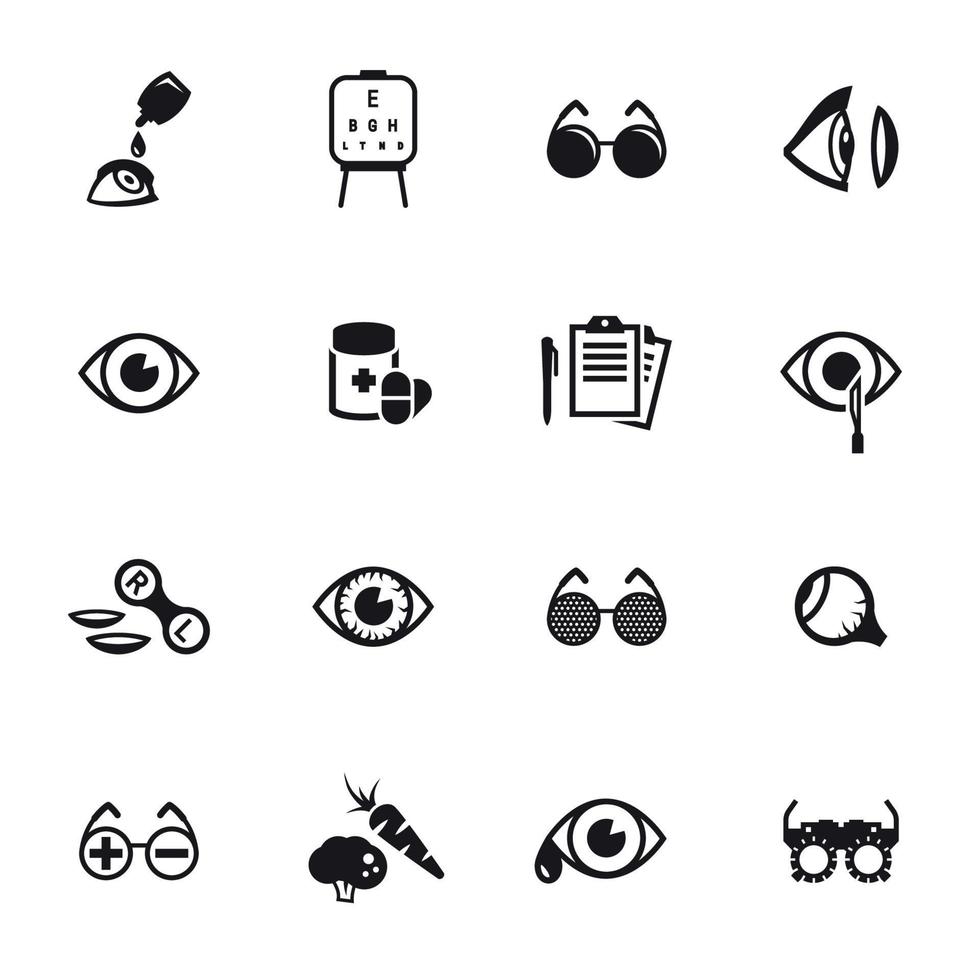 oog Gezondheid, optometrie pictogrammen set. zwart Aan een wit achtergrond vector