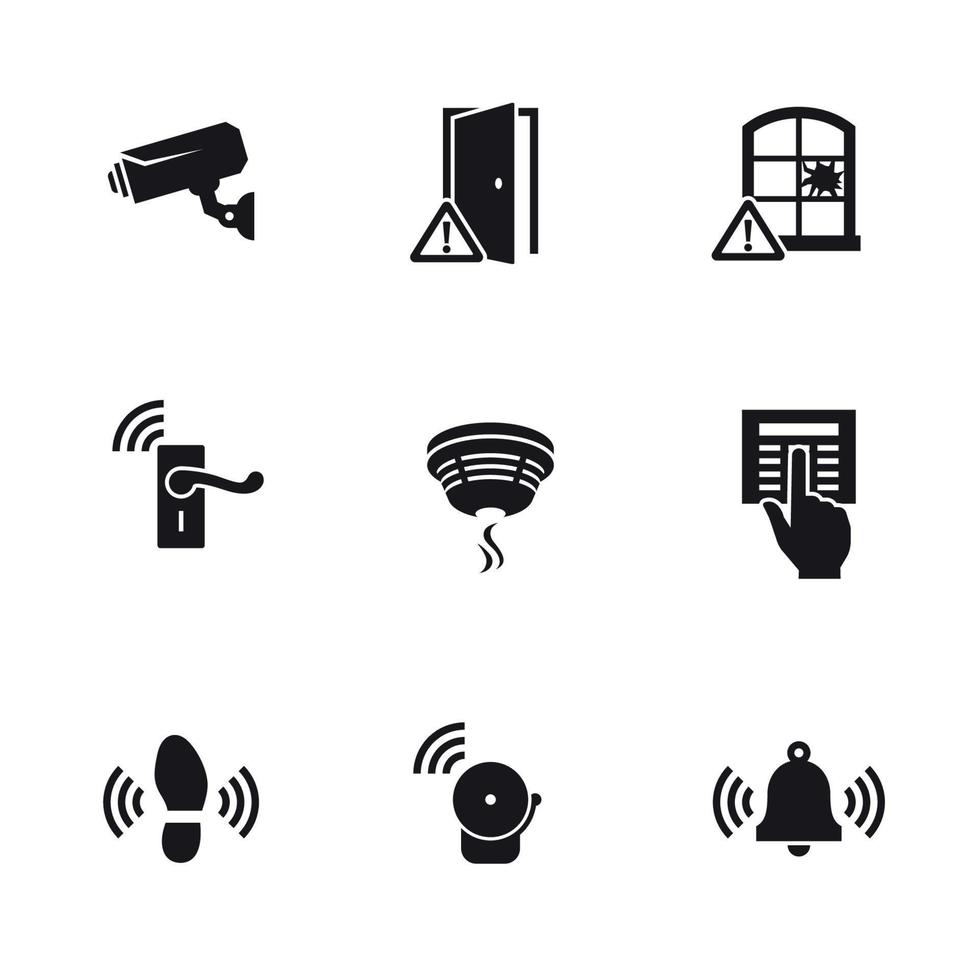 huis veiligheid sensoren en uitrusting pictogrammen set. zwart Aan een wit achtergrond vector