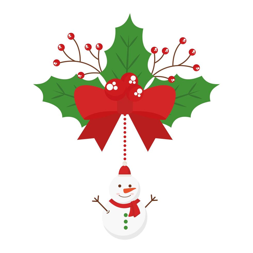 vrolijke Kerstmissneeuwman die van bowtie met bessen en bladeren vectorontwerp hangen vector