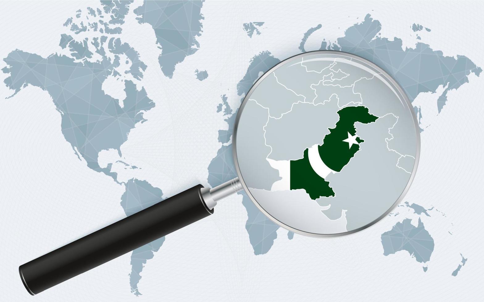 wereld kaart met een vergroten glas richten Bij Pakistan. kaart van Pakistan met de vlag in de lus. vector