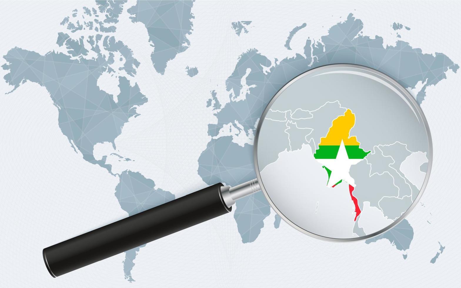 wereld kaart met een vergroten glas richten Bij myanmar. kaart van Myanmar met de vlag in de lus. vector