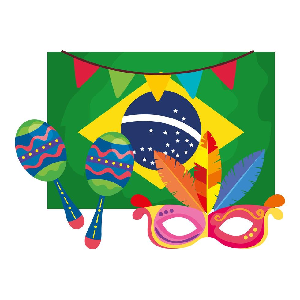 vlag van brazilië met masker carnaval en maracas vector