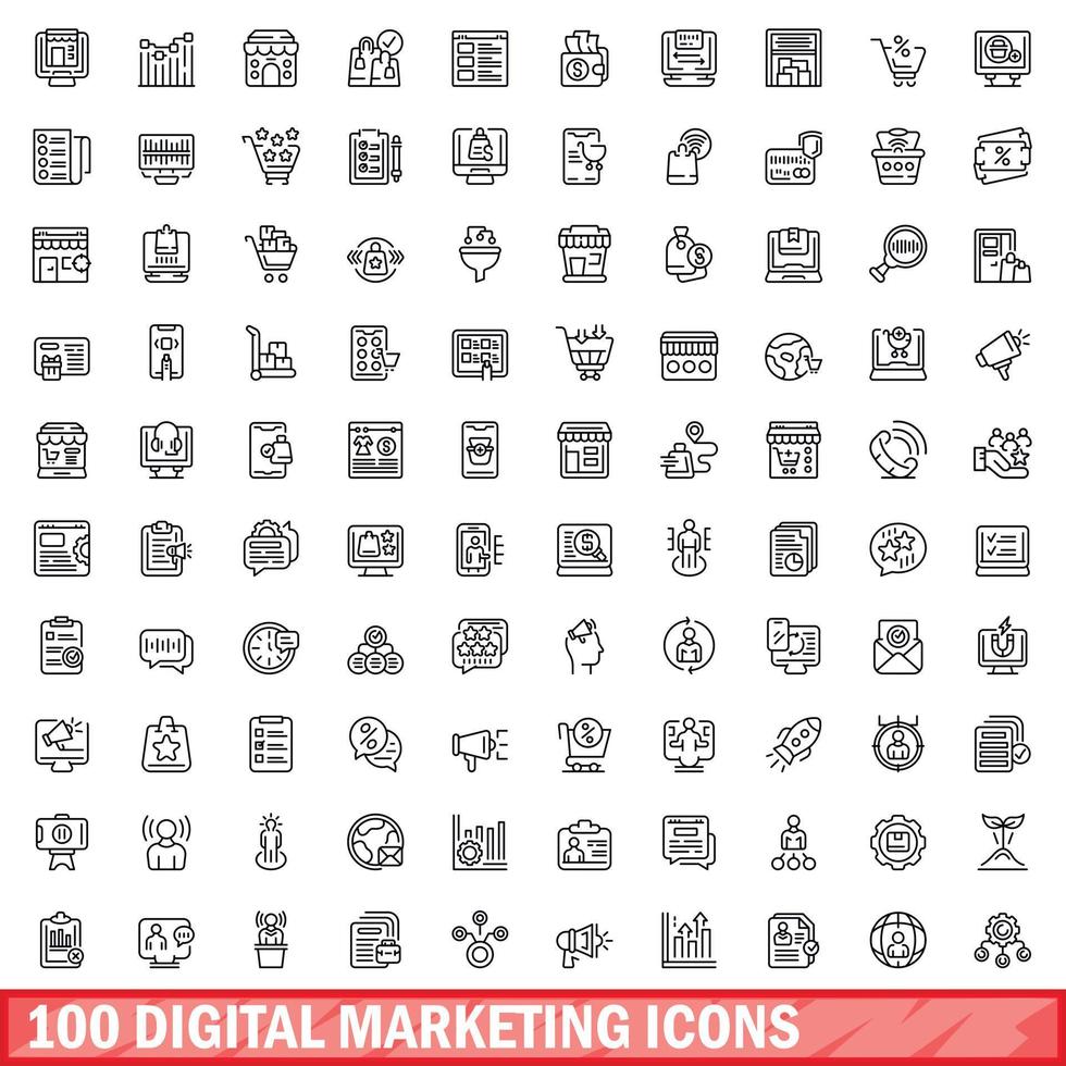 100 digitaal afzet pictogrammen set, schets stijl vector