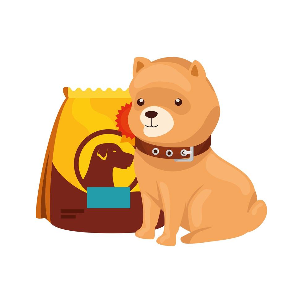 schattige hond met zak voedsel geïsoleerde pictogram vector