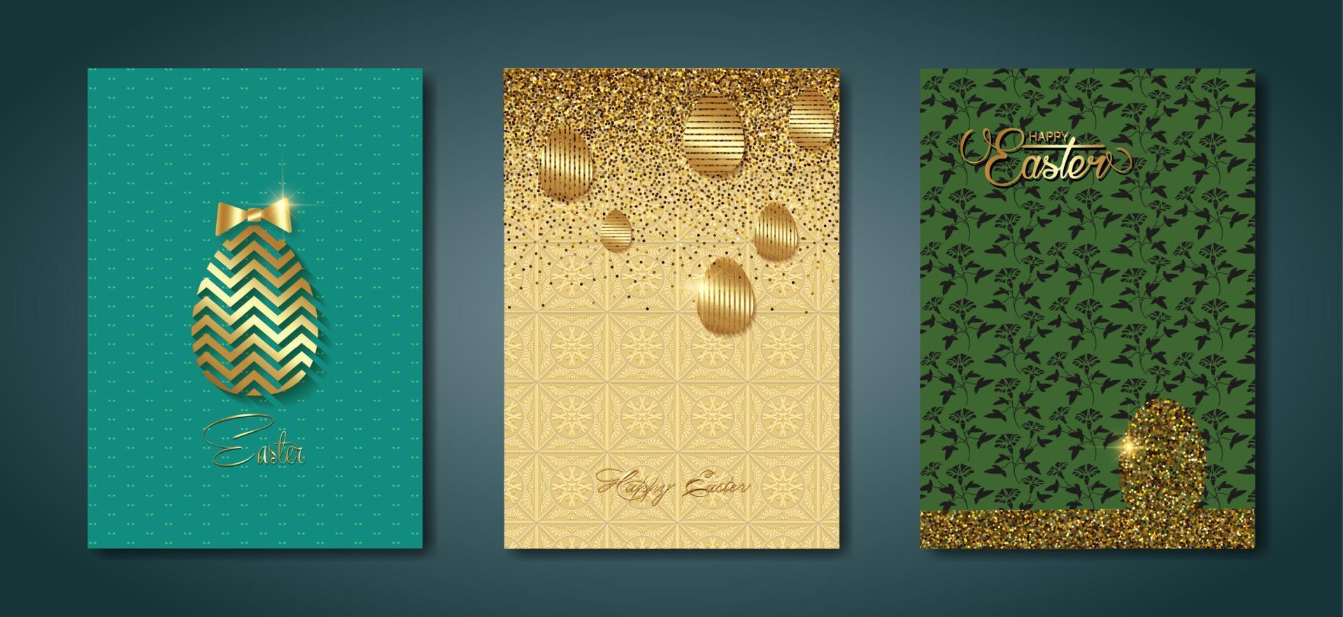 reeks kaart gelukkig Pasen goud textuur, gouden luxe kleurrijk bloemen modern achtergrond. Pasen vakantie uitnodigingen Sjablonen verzameling met hand- getrokken belettering en goud Pasen eieren. vector mode