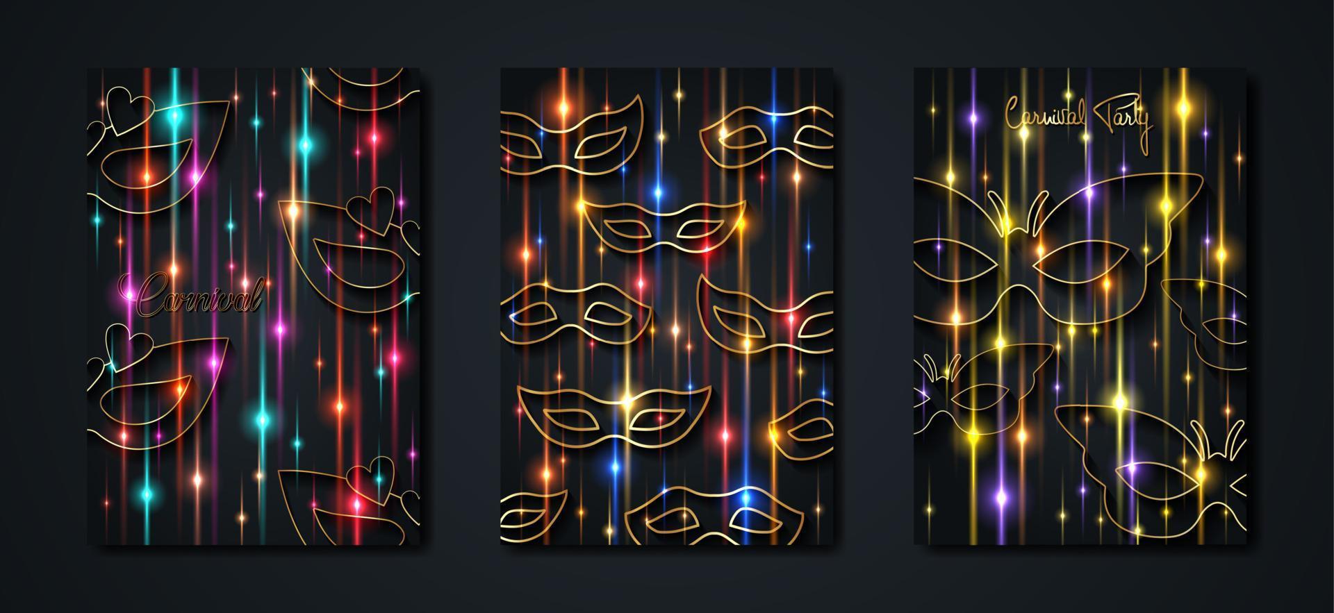 carnaval goud en zwart posters set, folder of uitnodiging ontwerp. feestelijk gouden kaarten. vector illustratie. elegant luxe kaartjes met patroon en embleem. kleurrijk magie licht mode banners