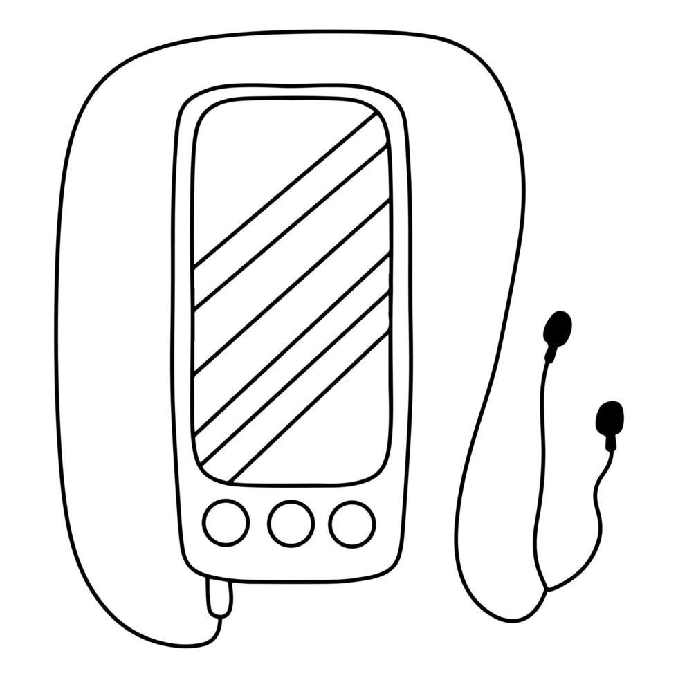 slim telefoon met hoofdtelefoons in hand- getrokken tekening stijl. geïsoleerd Aan wit achtergrond. kleur bladzijde. vector
