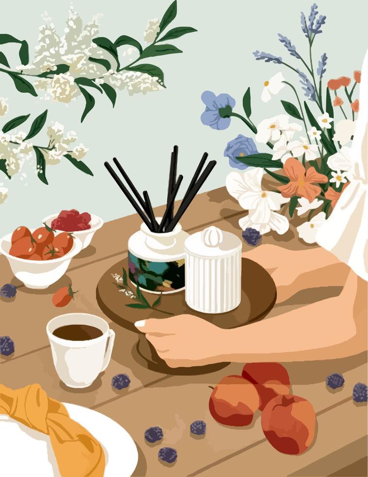 de meisje houdt een dienblad met wierook stokjes Aan de tafel met koffie, fruit en bloemen. vector