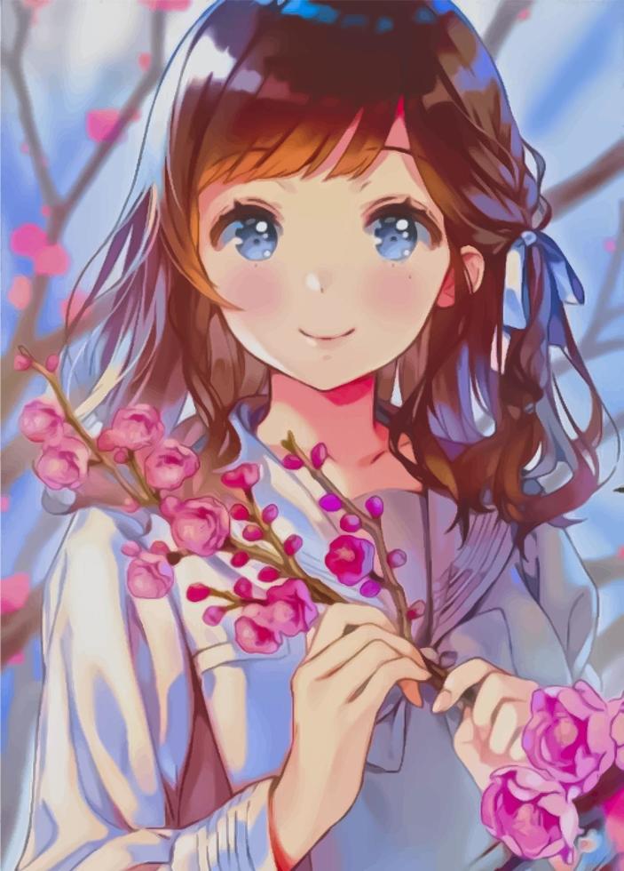 schattig anime meisje Holding sakura bloemen vector