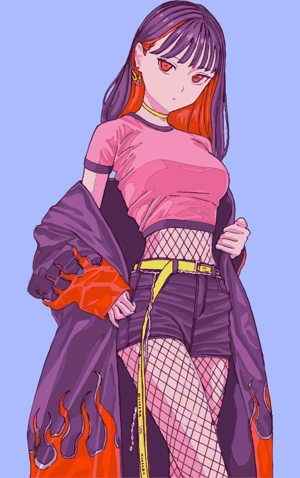 anime meisje met paars rood haar- en een mantel met een brand afdrukken. vector