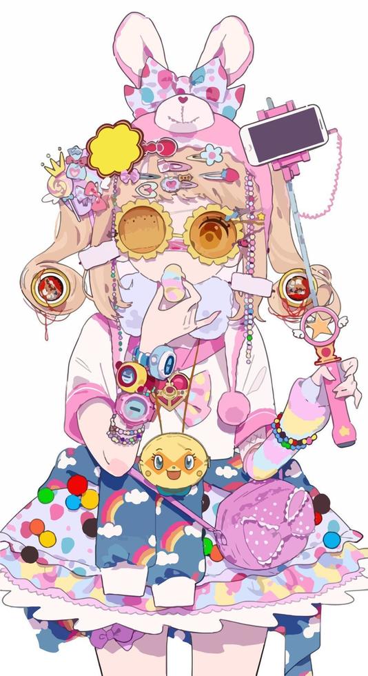 een kleurrijk illustratie van een anime meisje gemaakt van snoepgoed. vector