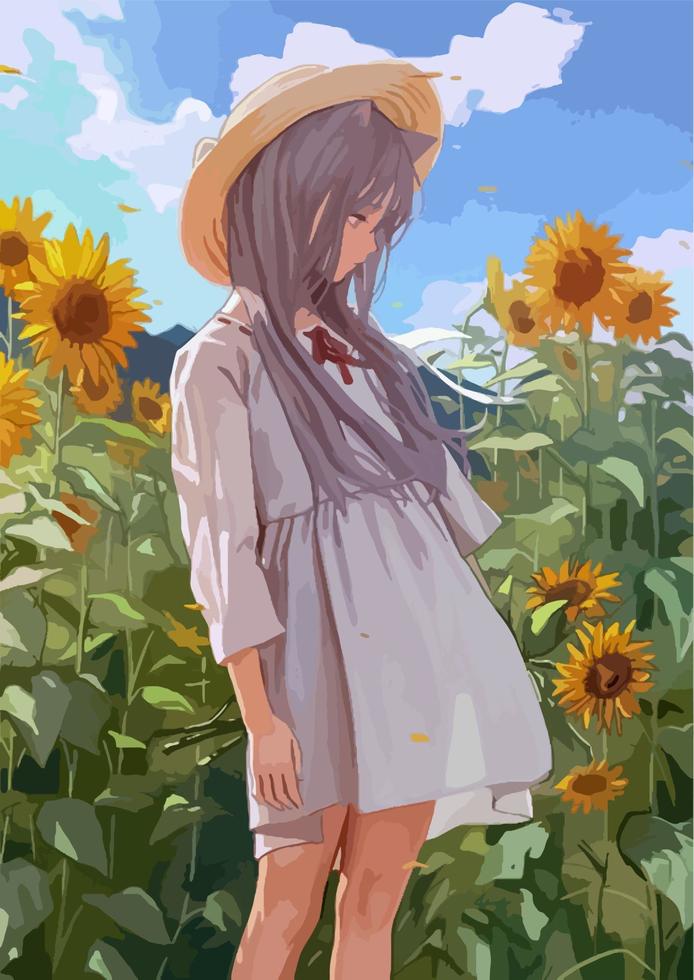 anime meisje in een veld- met zonnebloemen vector