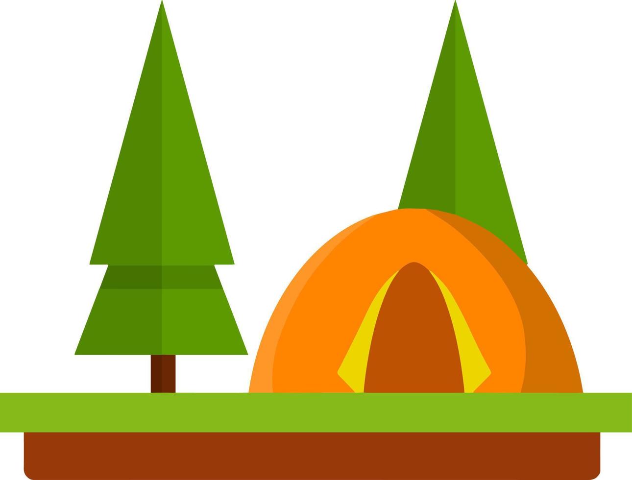 oranje tent in bossen. buitenshuis werkzaamheid. kamp en wandeltocht. kampvuur en rust uit in Woud. reis naar natuur. tekenfilm vlak illustratie vector