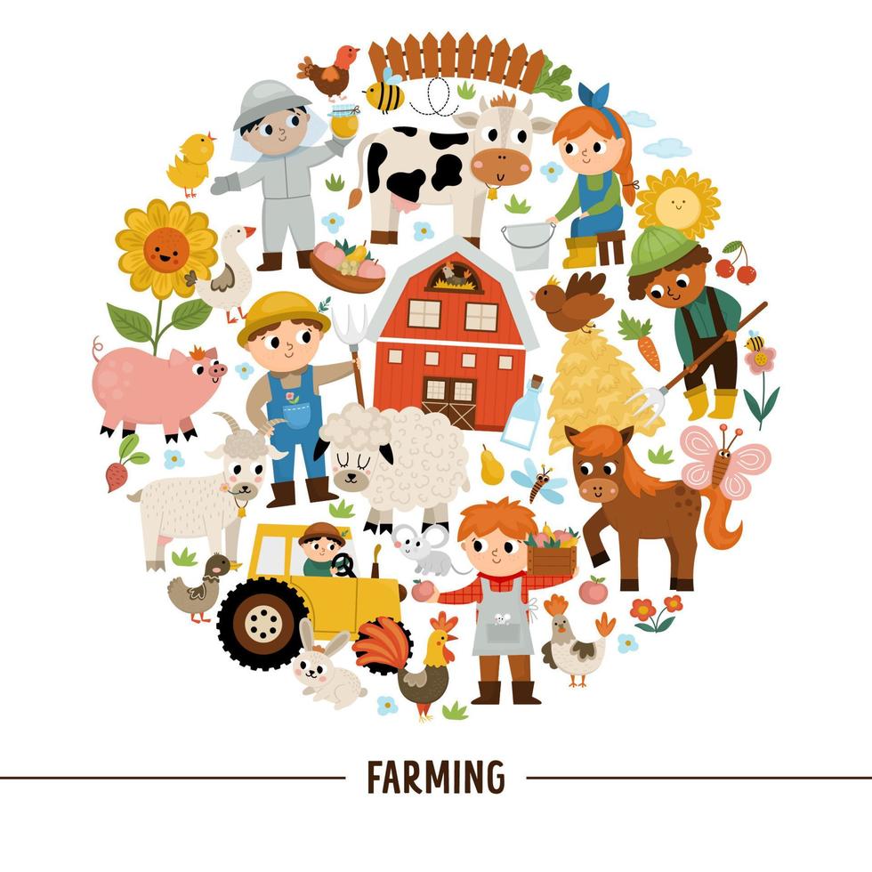 vector boerderij ronde kader met boeren en dieren. landelijk land kaart sjabloon of lokaal markt ontwerp voor spandoeken, uitnodigingen. schattig platteland illustratie met schuur, koe, tractor, varken, kip, bloem