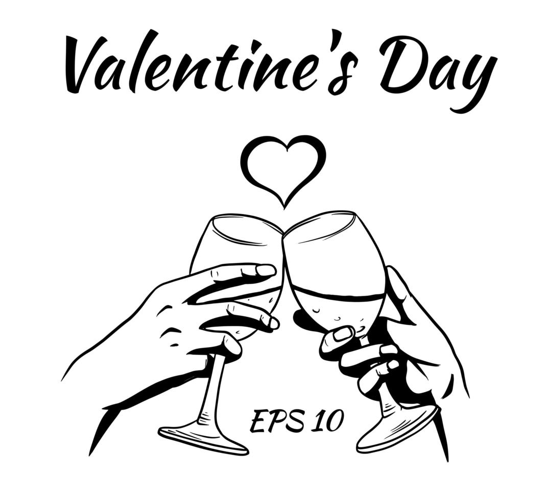 handen van geliefden met glazen wijn. Valentijnsdag kaart. vector