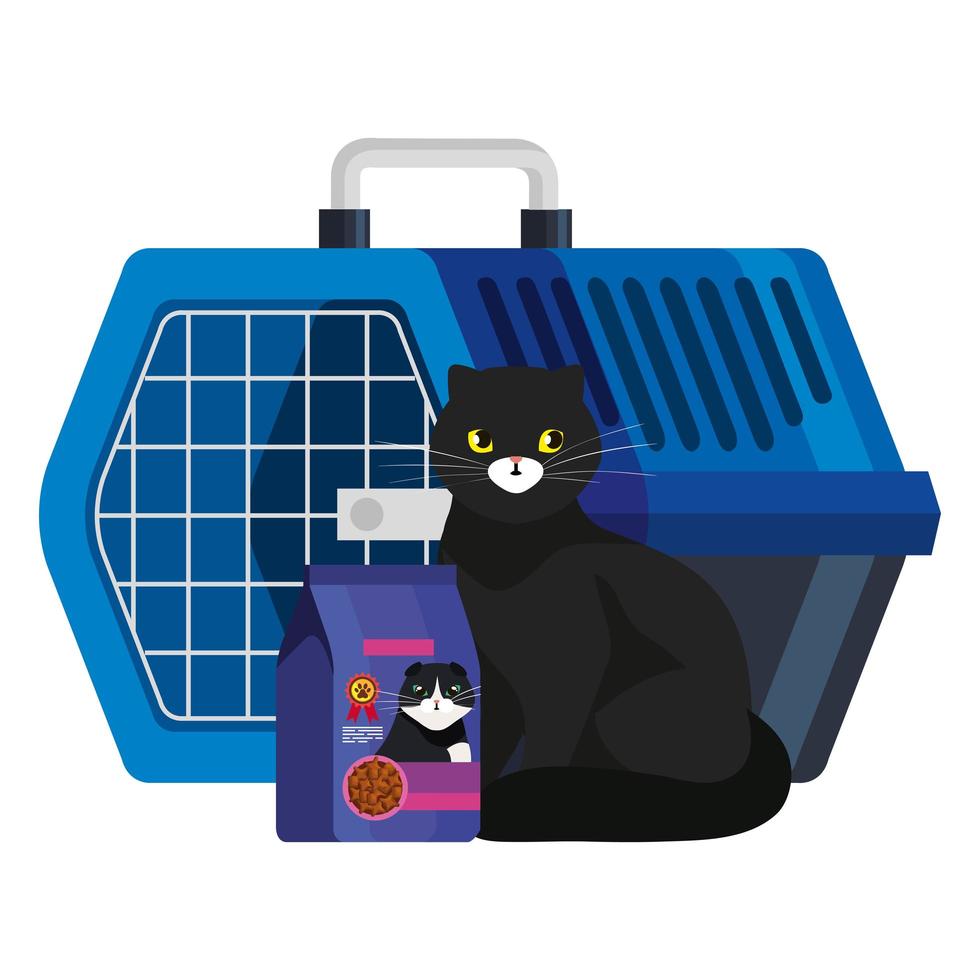 kat zwart met voer in tas en draagtas voor huisdieren vector