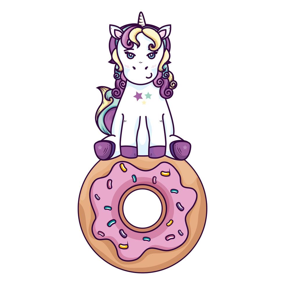 schattige eenhoorn fantasie met donut geïsoleerd pictogram vector