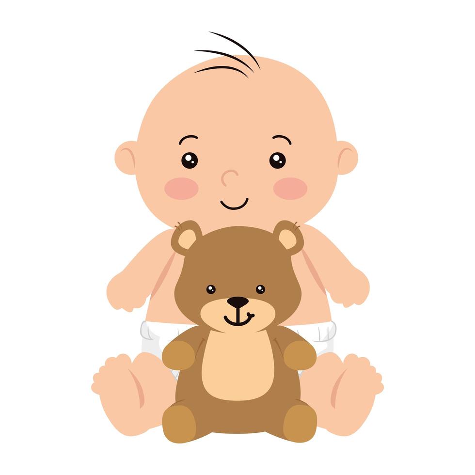 schattige kleine babyjongen met teddybeer vector