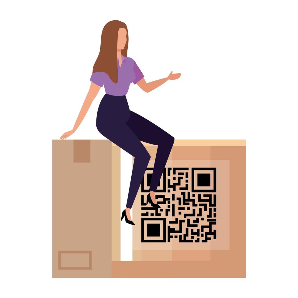 zakenvrouw met qr-code in geïsoleerde doos pictogram vector