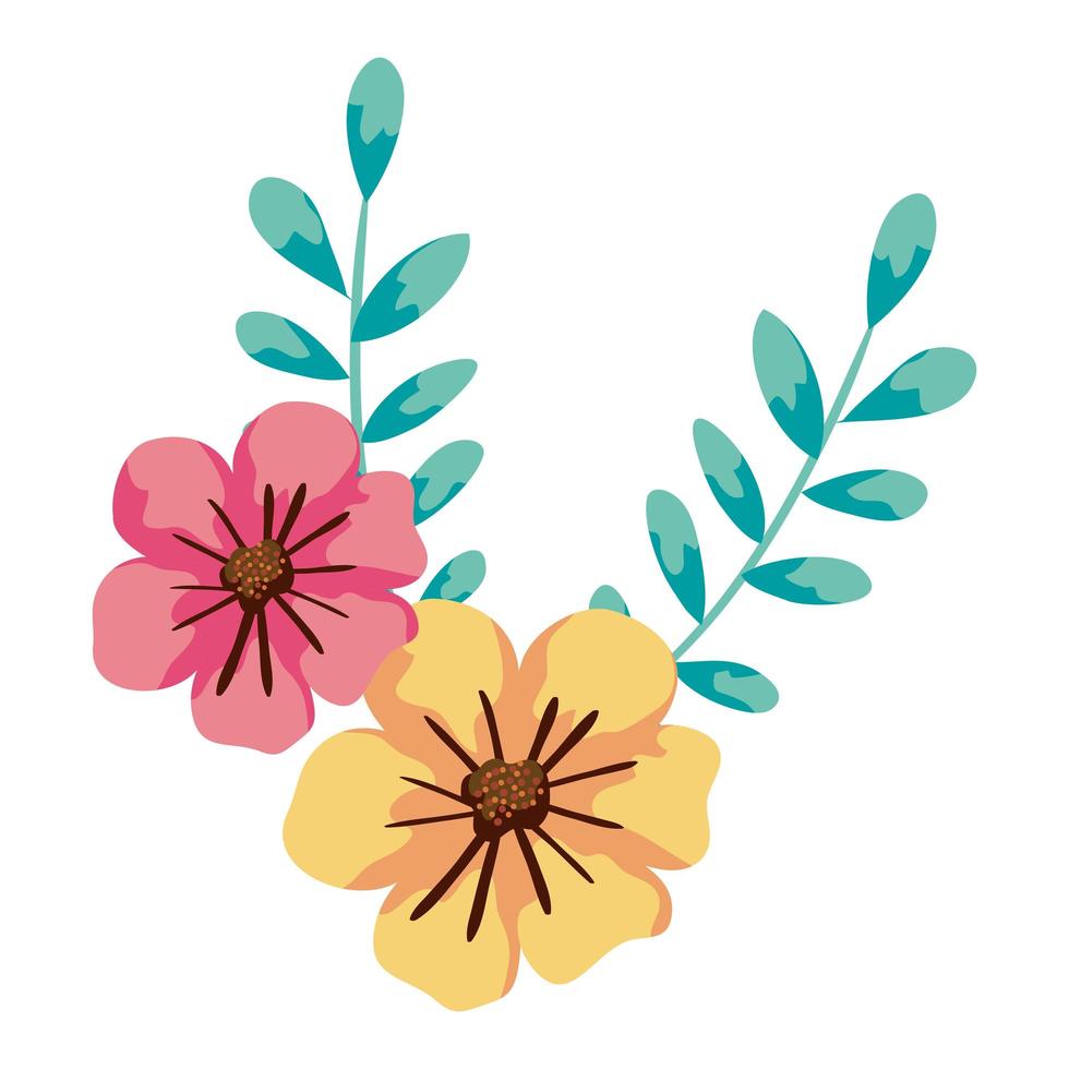 schattige bloemen met takken en bladeren vector