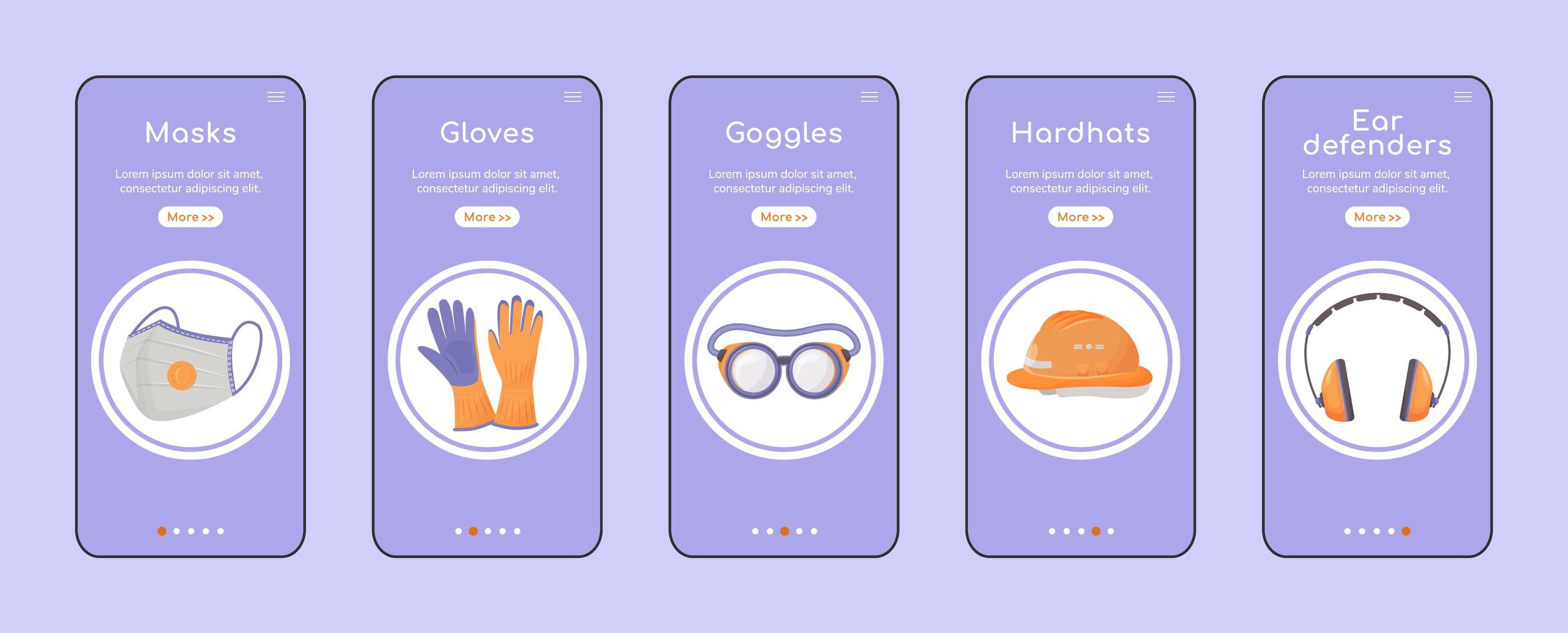 persoonlijke beschermingsmiddelen onboarding mobiele app platte vector schermsjabloon