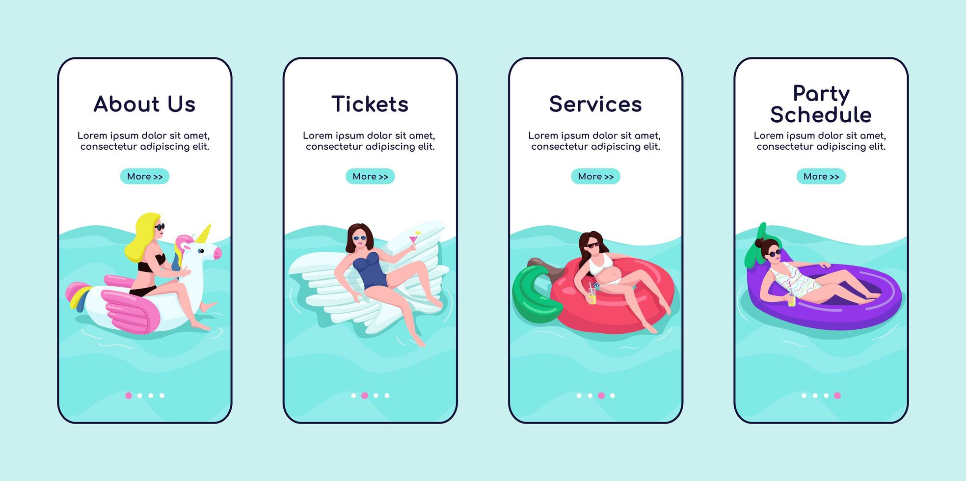 pool party services onboarding mobiele app scherm platte vector sjabloon