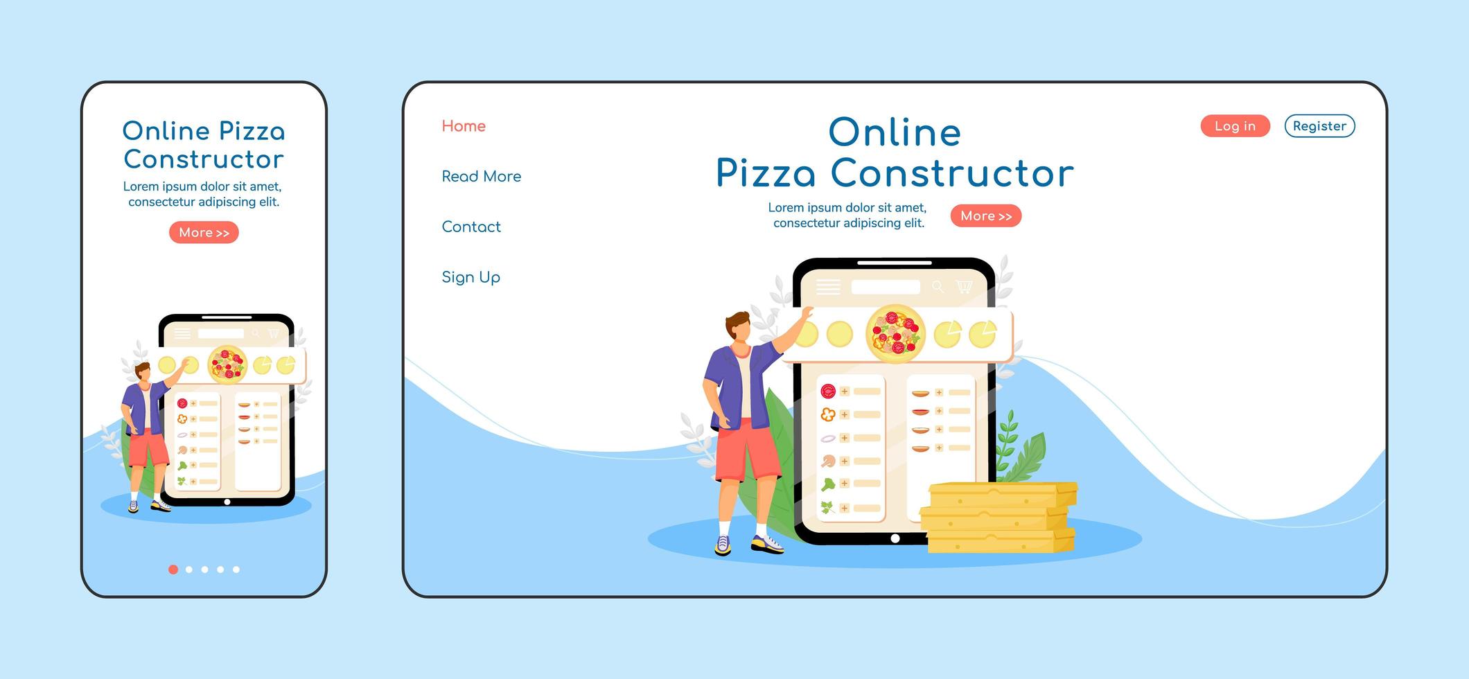 pizza constructor adaptieve bestemmingspagina egale kleur vector sjabloon