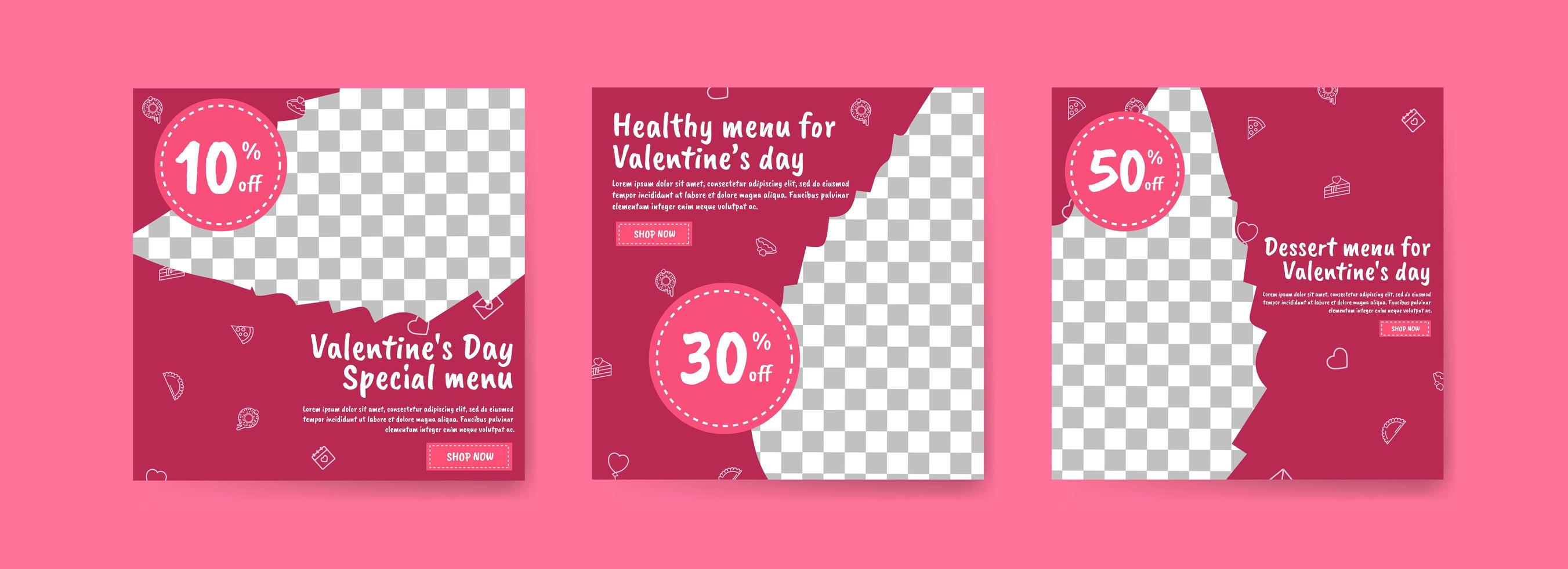 sociale media postsjabloon voor digitale marketing en verkooppromotie op Valentijnsdag. reclame voor speciale Valentijnsdagmenu's. lekker gezond eten voor valentijnsdag vector