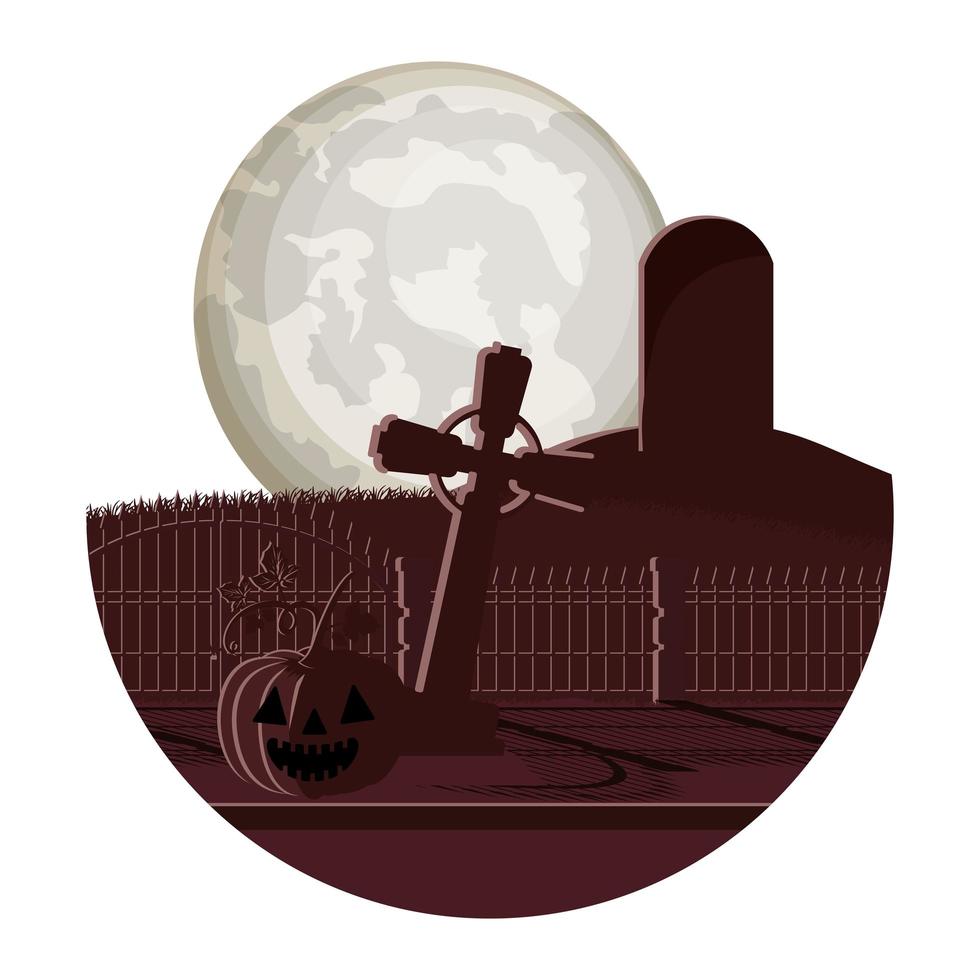donkere begraafplaats met pompoen nachtscène pictogram vector