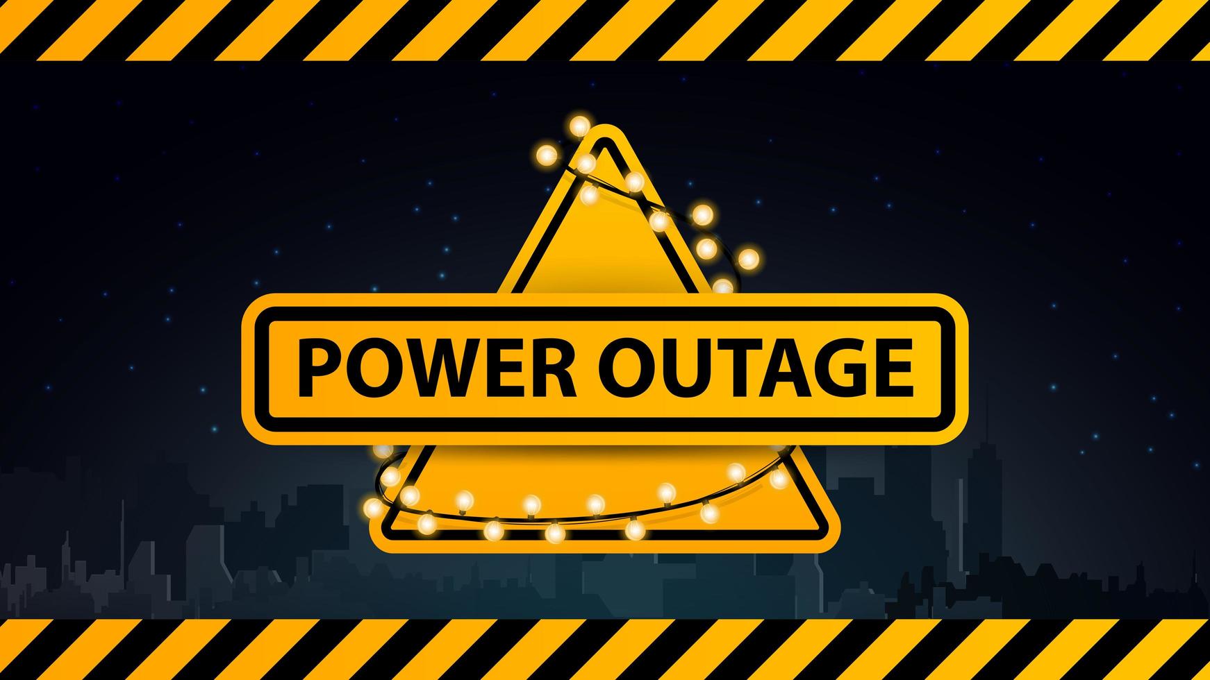 stroomstoring, geel waarschuwingslogo omwikkeld met een slinger op de achtergrond van de stad zonder elektriciteit vector