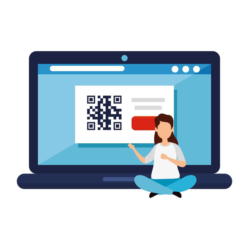 vrouw en laptop met code qr vector