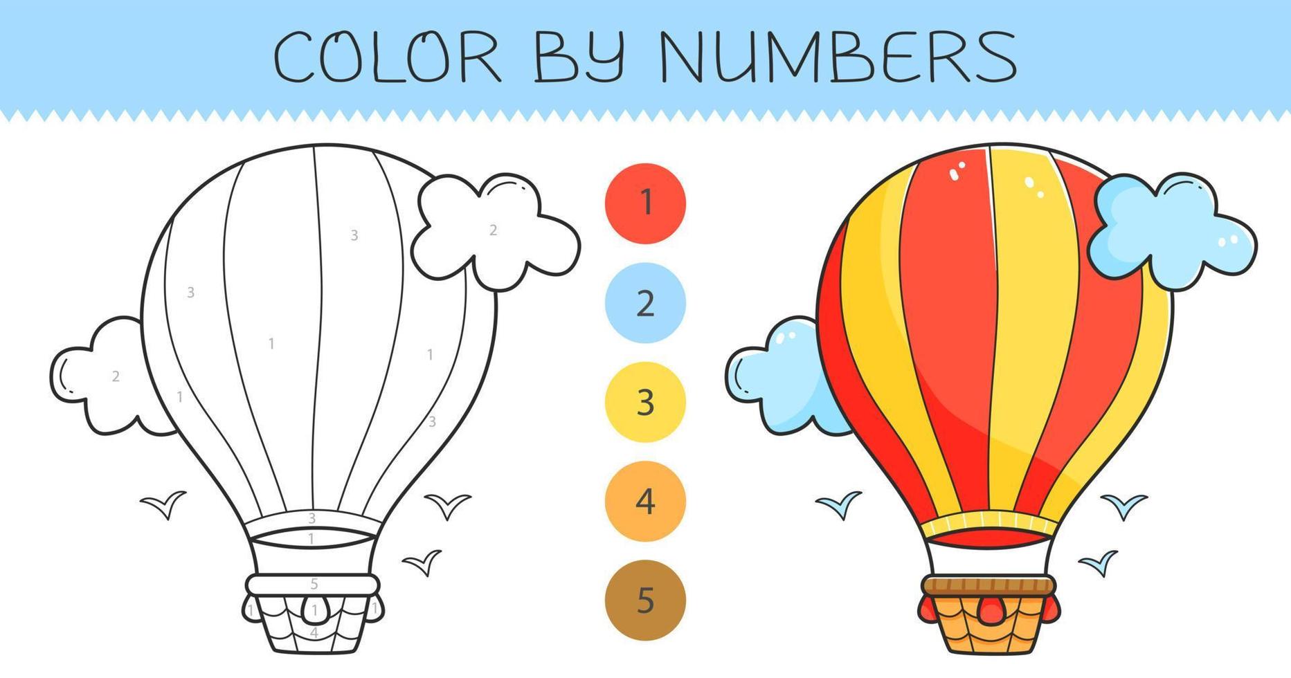 kleur door getallen kleur boek voor kinderen met luchtschip. kleur bladzijde met schattig tekenfilm luchtschip met een voorbeeld voor kleuren. monochroom en kleur versies. vector illustratie.