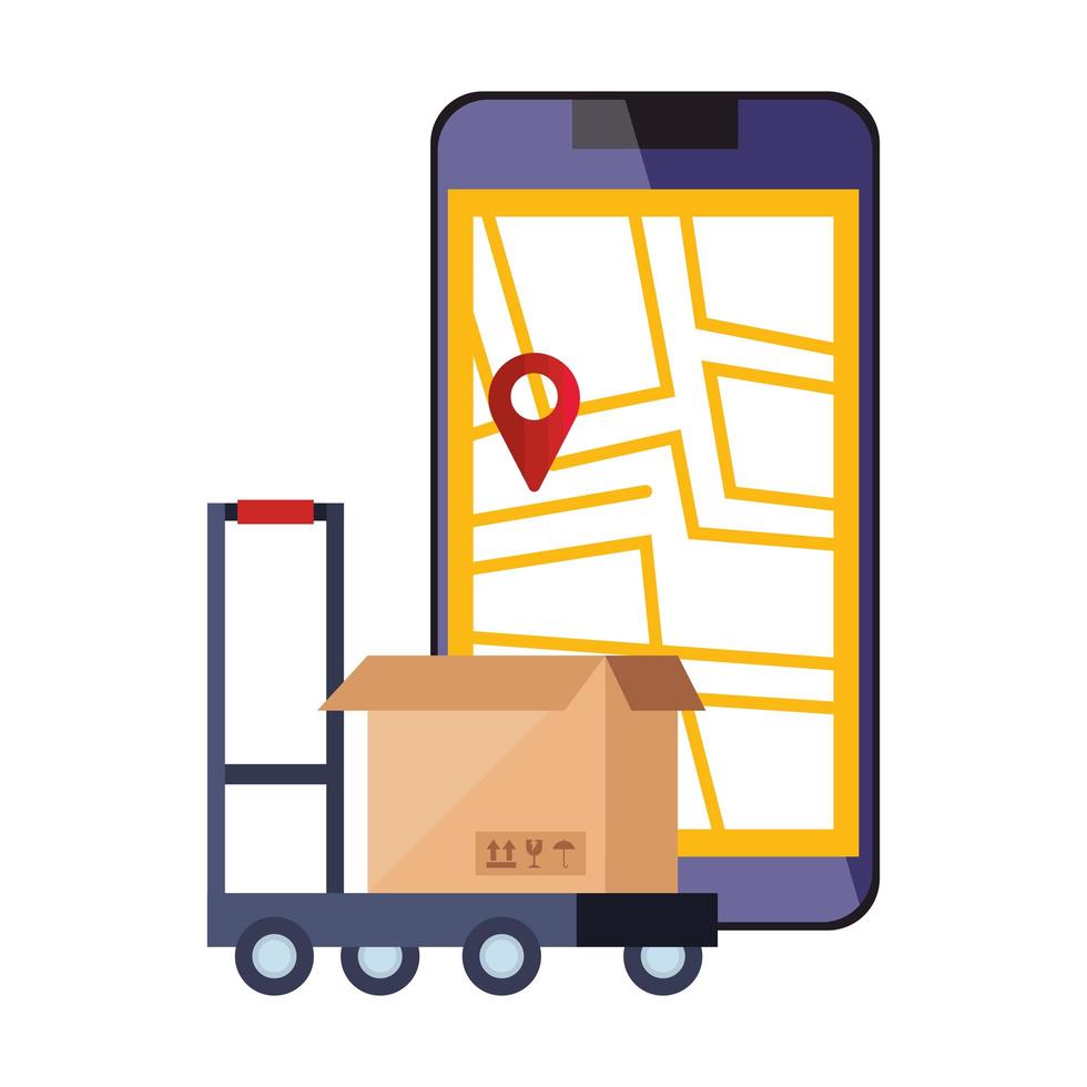 smartphone met kaartlocatie-app en doos vector