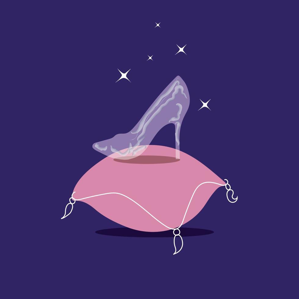 van Assepoester kristal schoen Aan een roze hoofdkussen Aan een donker achtergrond. prinses ontwerper schoenen. vector illustratie.