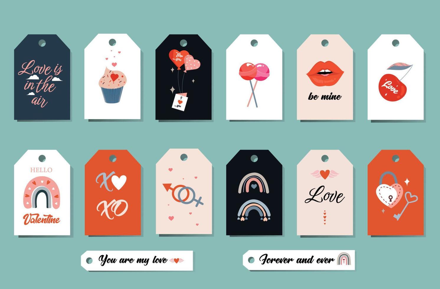 valentijnsdag geschenk labels. romantisch Valentijn dag label etiketten set.valentijnskaarten dag kaarten, harten en kusjes. schattig liefde geschenk tags met citaten. gelukkig Valentijn ontwerp set. vector