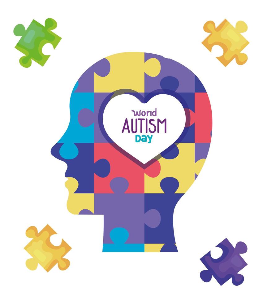 wereld autisme dag met hoofdprofiel en puzzelstukjes vector