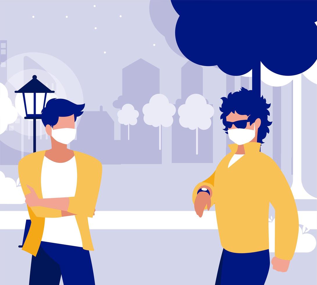 mannen met maskers buiten bij park vector design