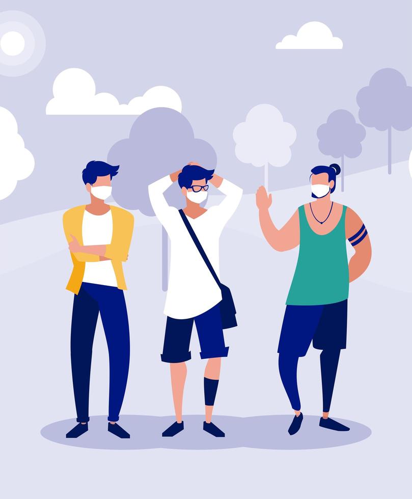 mannen met maskers buiten bij park vector design