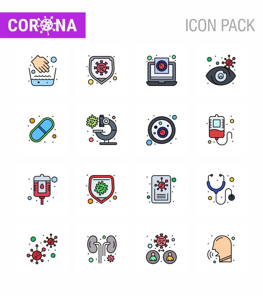 corona virus 2019 en 2020 epidemie 16 vlak kleur gevulde lijn icoon pak zo net zo capsule visie coronavirus zoeken virus virale coronavirus 2019november ziekte vector ontwerp elementen