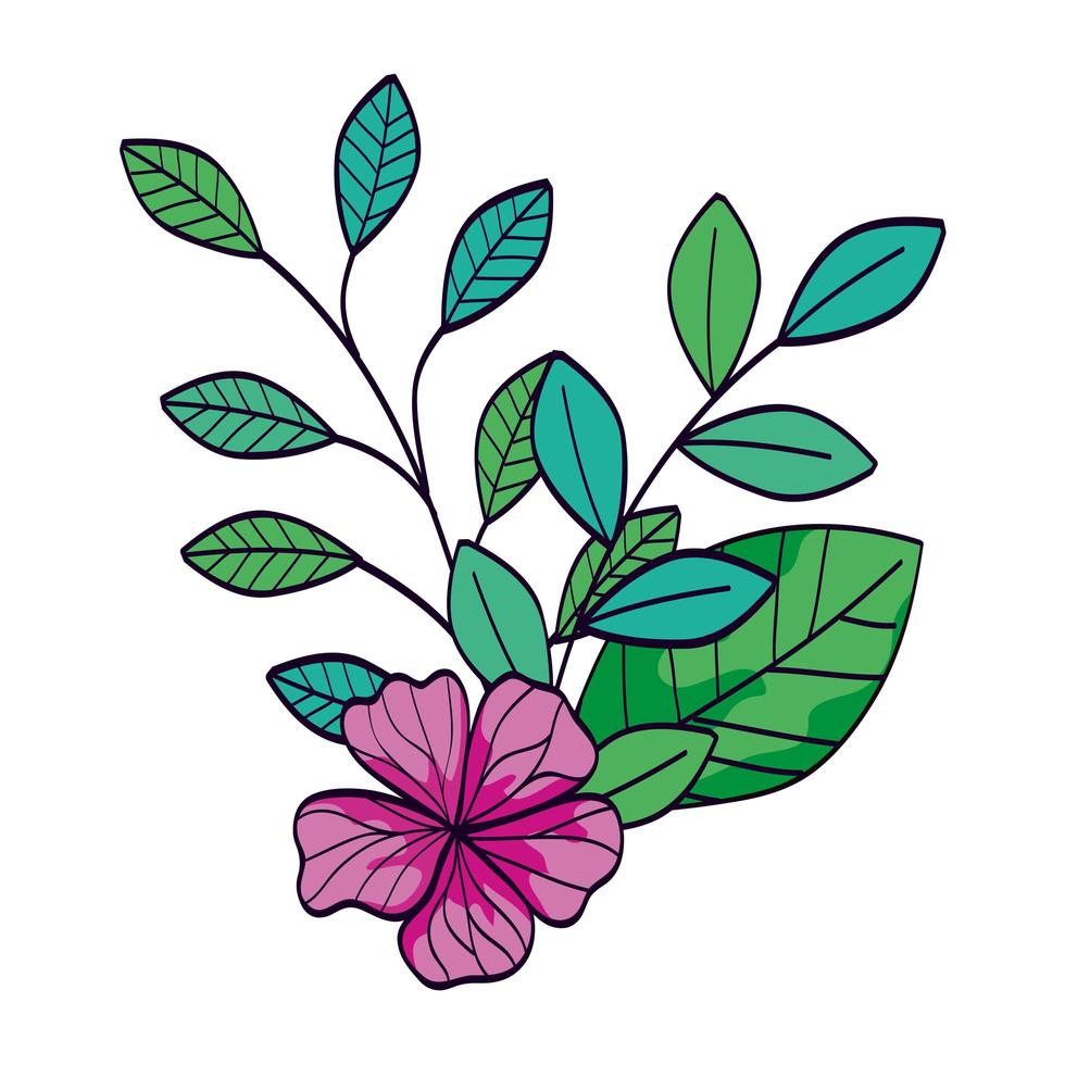 schattige bloem paarse kleur met takken en bladeren vector