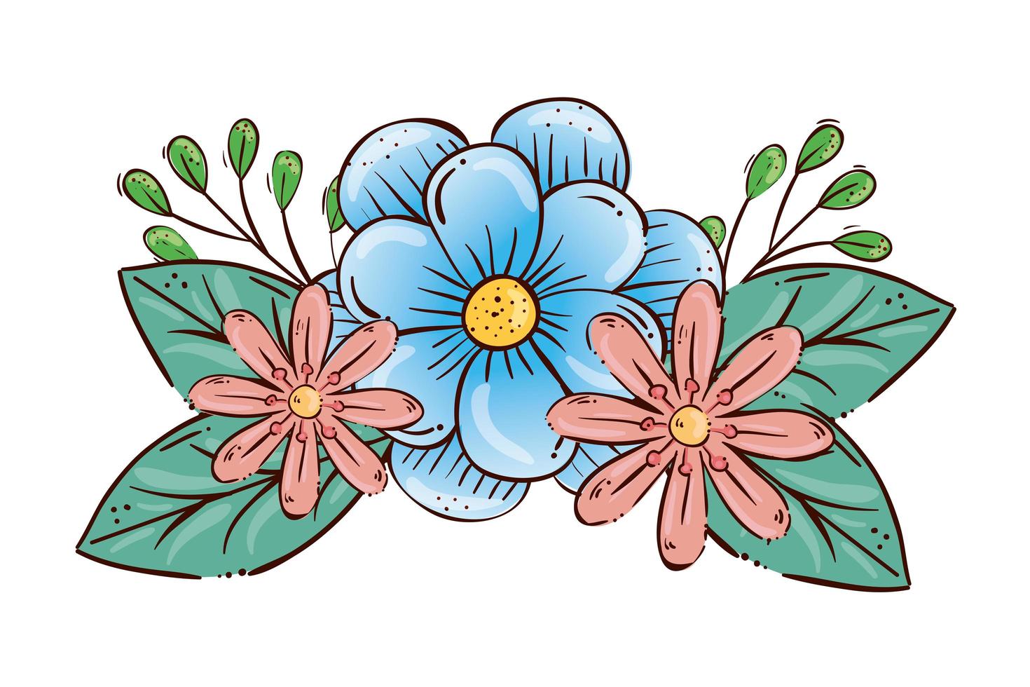 schattige bloemen met takken en bladeren decoratie vector